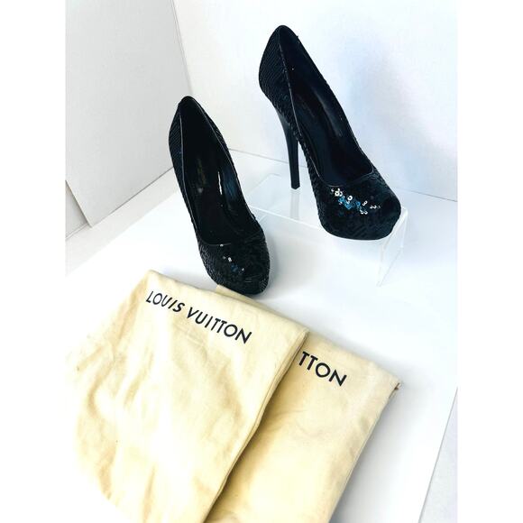 Louis Vuitton Black leather Sequin Peep Toe Platform Pumps Heels Size 35.5 - Picture 11 of 13